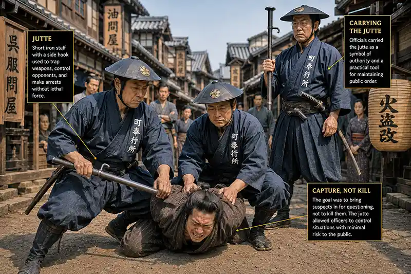 Edo-period officers using a traditional jutte to arrest a suspect in a busy Japanese street.