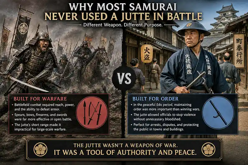 Comparison of a battlefield samurai and an Edo-period officer carrying a jutte.