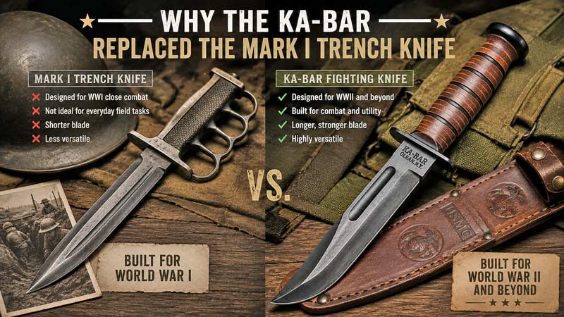 KA-BAR and Mark I trench knife comparison infographic showing WWII military knife evolution.