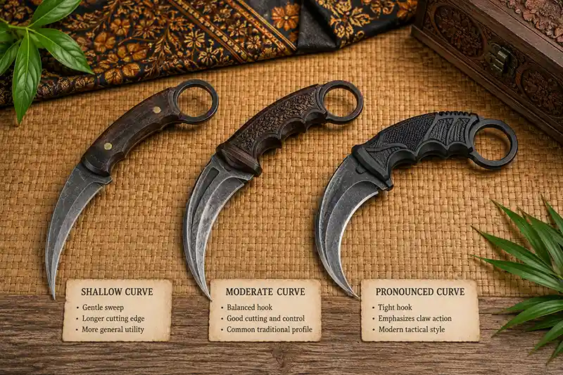 Three karambit knives showing shallow, moderate, and pronounced blade curves