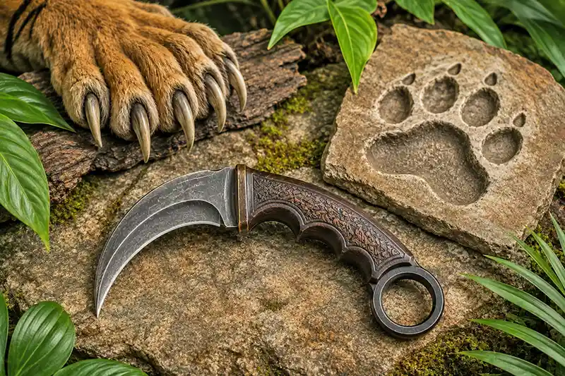 Curved karambit displayed beside a large cat claw and paw print reference