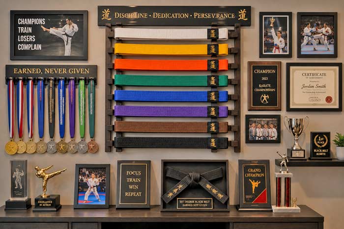 Martial arts belt display wall featuring karate belts, tournament medals, trophies, certificates, and competition photos