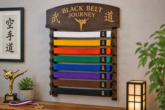 Wall-mounted karate belt display rack showing martial arts rank belts arranged in order from white belt to black belt