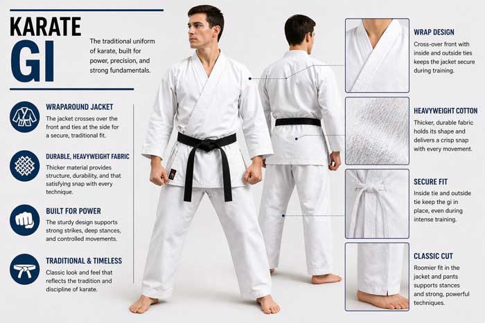Karate gi showing wrap design, heavyweight fabric, and traditional fit