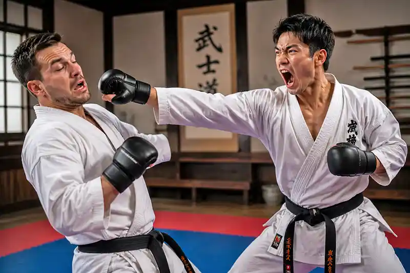 Karate sparring match with one fighter using a powerful kiai during an attack