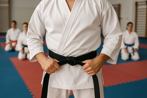 karate student tying a black belt with classmates kneeling in the background