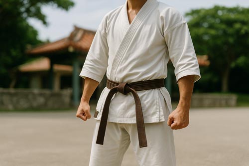 karate student in Okinawa wearing a brown belt