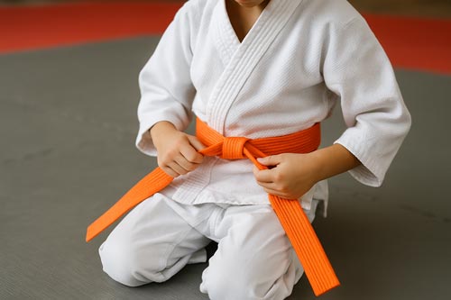 young karate student tying an orange belt