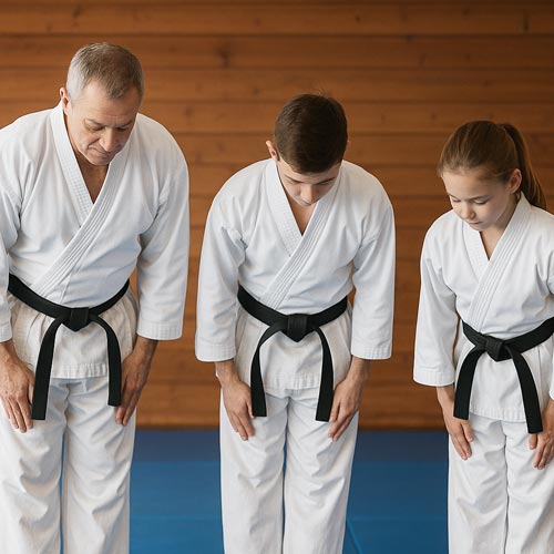 karate students bowing together in a dojo during training