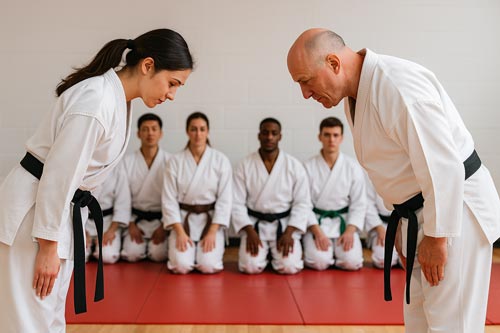 karate students bowing to each other while classmates observe in the background