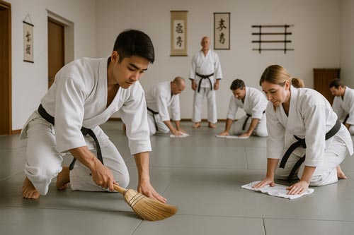 karate students sweeping and wiping mats to keep the dojo clean