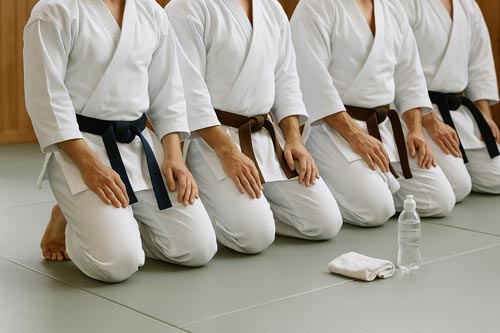 karate students kneeling on dojo mats with clean uniforms and belts