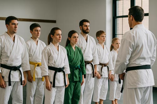 karate students listening quietly to their instructor during class