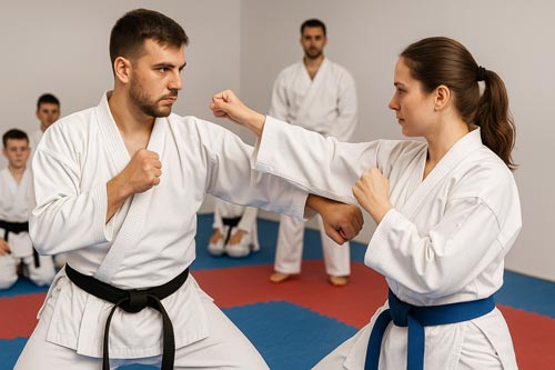 karate students practicing a partner drill while classmates watch