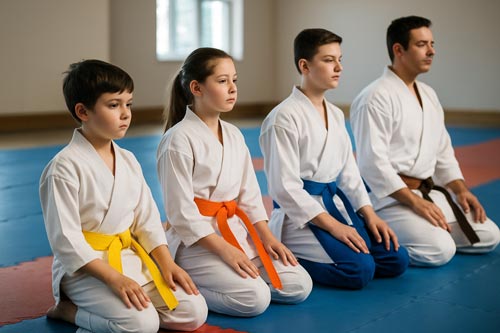 karate students of different belt levels kneeling in a dojo