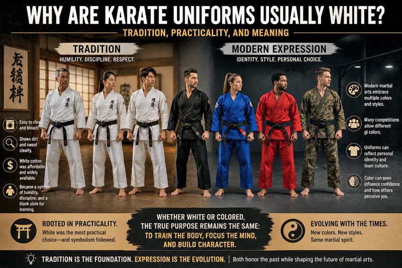 Infographic comparing traditional white karate uniforms with modern colored martial arts gis and explaining why karate uniforms are usually white.