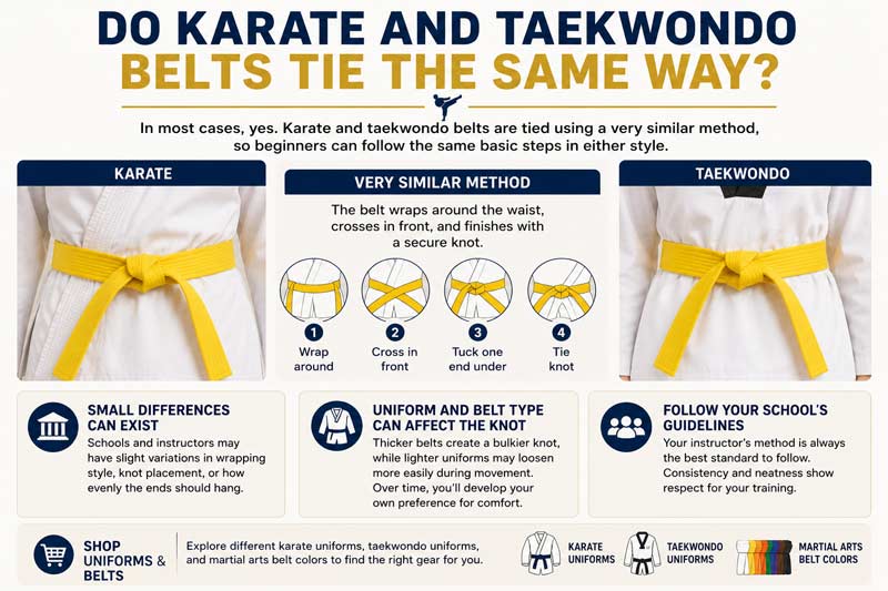 Infographic comparing how karate and taekwondo belts are tied using a yellow martial arts belt and beginner-friendly steps