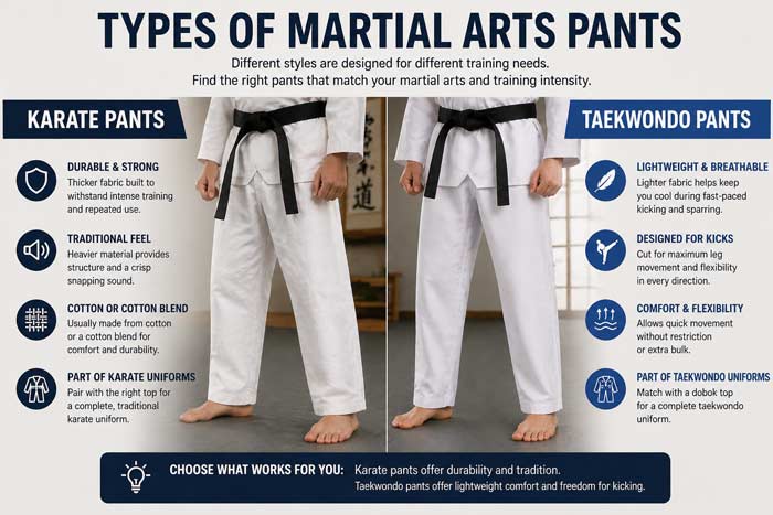 Infographic comparing karate pants and taekwondo pants showing differences in durability, weight, and flexibility