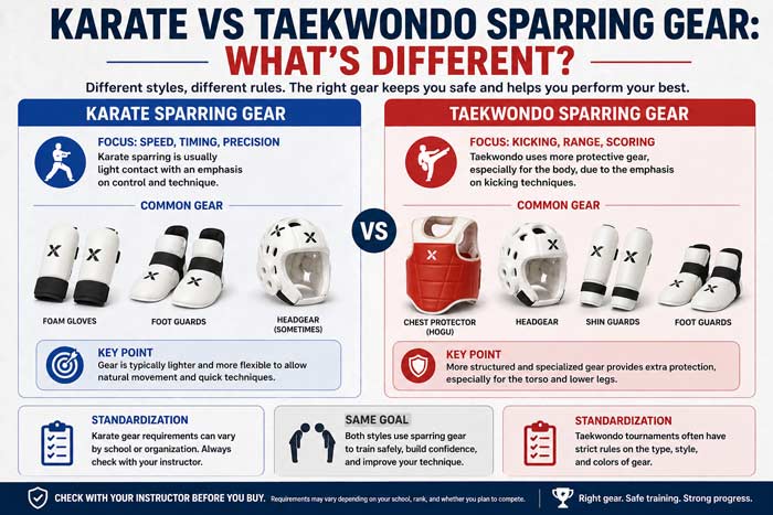 Infographic comparing karate and taekwondo sparring gear including gloves, foot guards, headgear, and chest protector