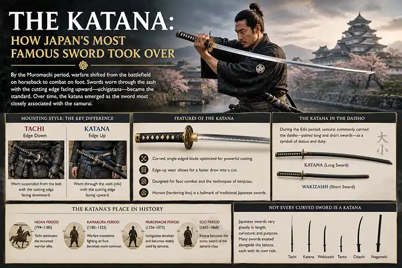 Katana history, blade features, and traditional edge-up mounting
