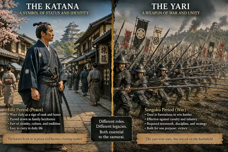Split image comparing a samurai carrying a katana during the Edo period with ashigaru fighting in yari formations during the Sengoku period.