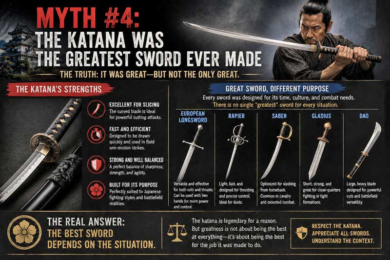 Infographic comparing the katana to other famous swords and explaining why no sword is best for every situation.