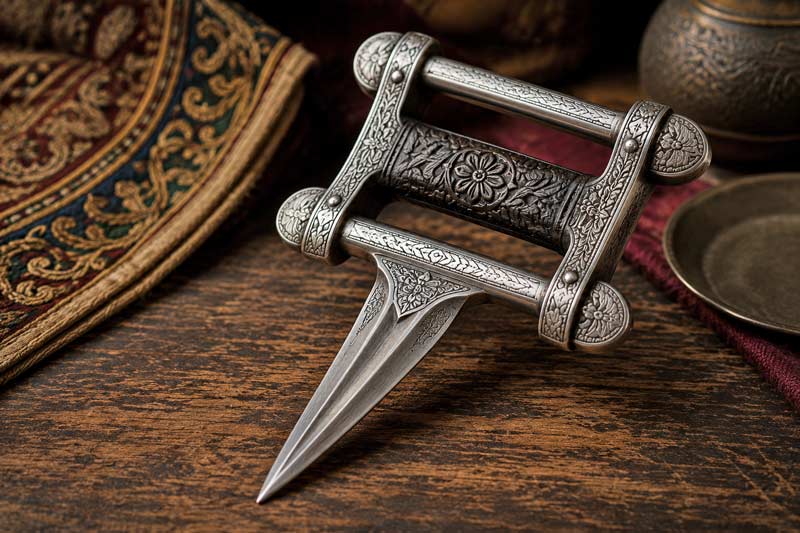 Ornate Indian katar push dagger with traditional H-shaped handle displayed on a wooden table