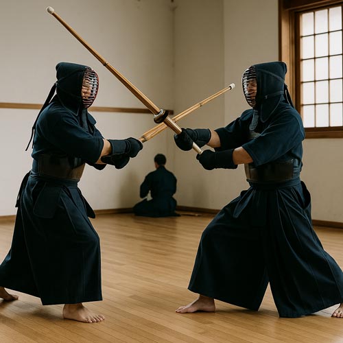 Kendo practitioners sparring in a dojo wearing traditional uniforms.