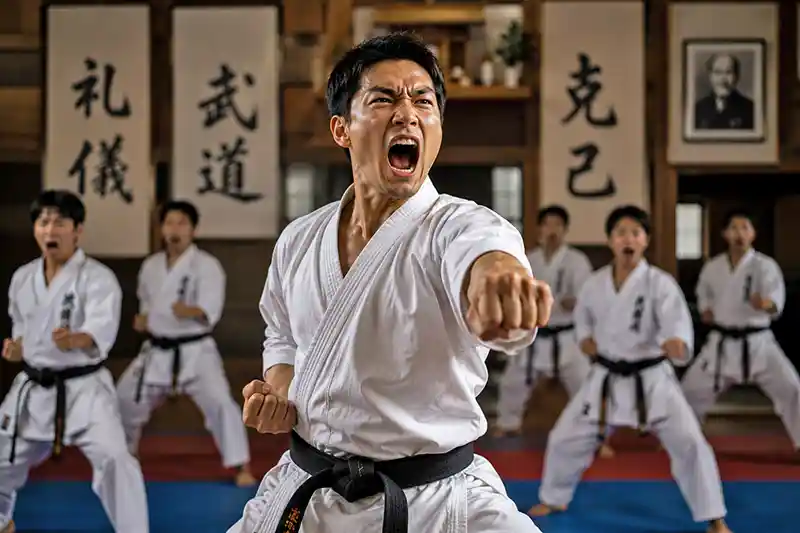 Karate student performing a confident kiai during class with other students training behind him