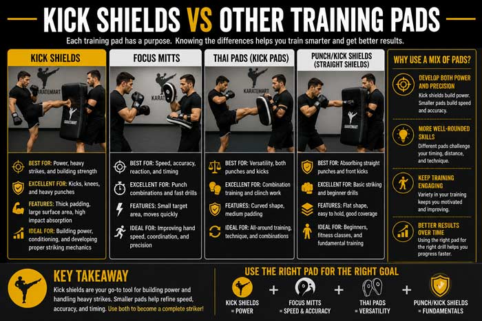 Infographic comparing kick shields, focus mitts, and other training pads for power, speed, and versatility in martial arts training