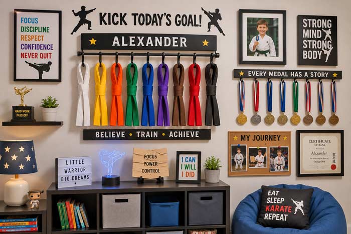 Kids karate belt display wall featuring martial arts belts, medals, certificates, and motivational dojo decorations