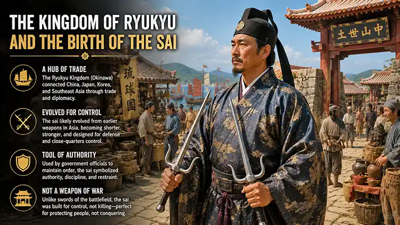 Ryukyu Kingdom official carrying traditional sai in an Okinawan marketplace.