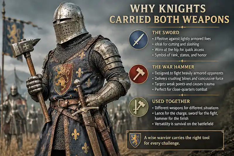 Medieval knight carrying both a war hammer and sword on the battlefield.
