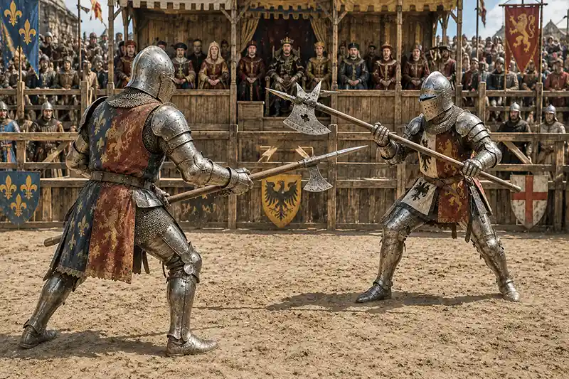 Two armored knights fighting with poleaxes during a formal medieval tournament duel.