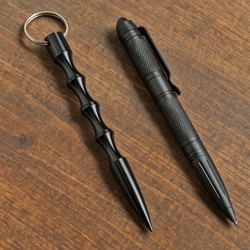 Black kubotan keychain and tactical pen on a wooden table.