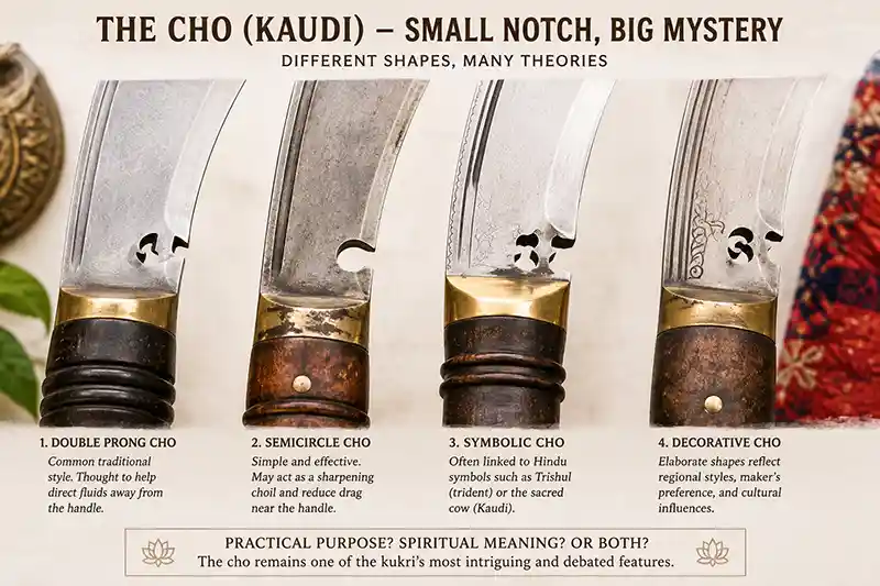 Different cho notch designs on traditional kukri blades