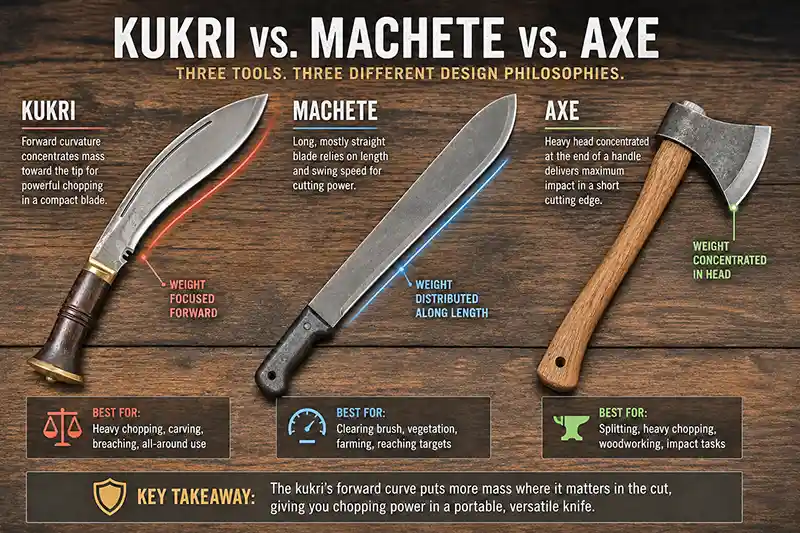 Kukri, machete, and axe design comparison
