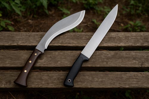 A kukri and a long machete side by side on a wooden bench outdoors.