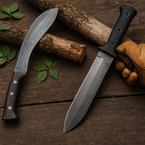 A kukri and a machete on a wooden table with logs and leaves.