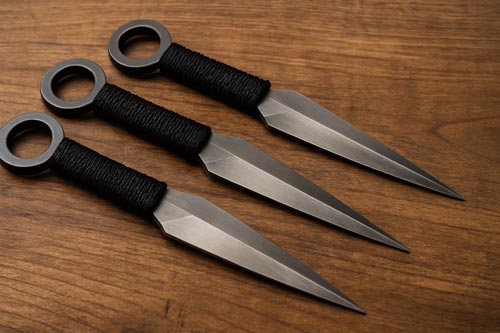 Kunai throwing knives arranged on a wooden surface