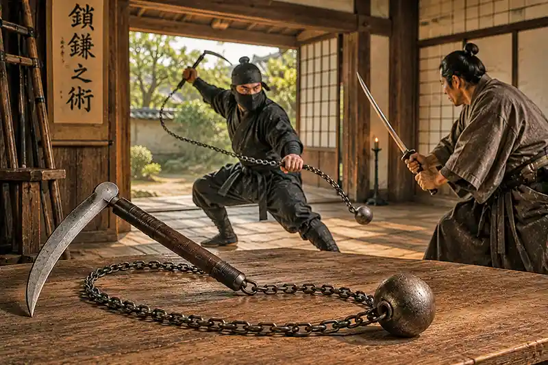 Kusarigama with connected sickle, chain, and weighted ball during a Japanese duel.