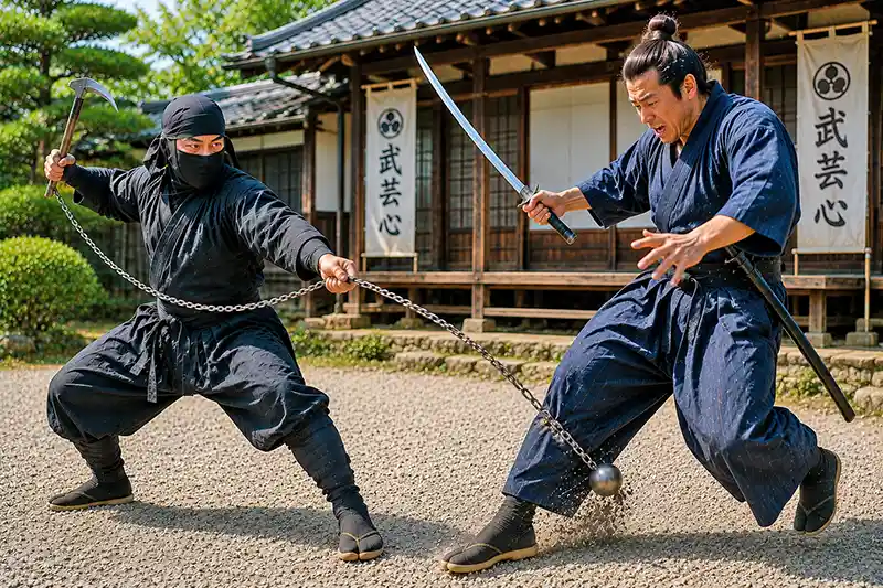 Kusarigama chain attacking a swordsmans legs to disrupt his footing.