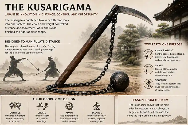 Kusarigama infographic showing its connected sickle, chain, and weighted ball design.