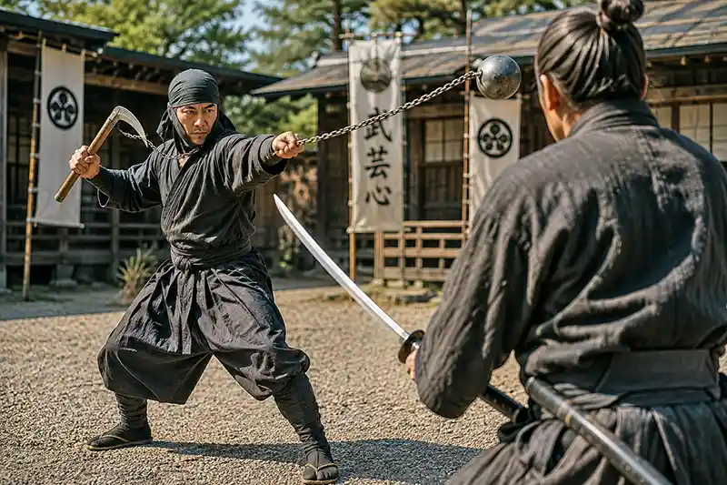 Kusarigama wielder facing a swordsman in a Japanese training courtyard.