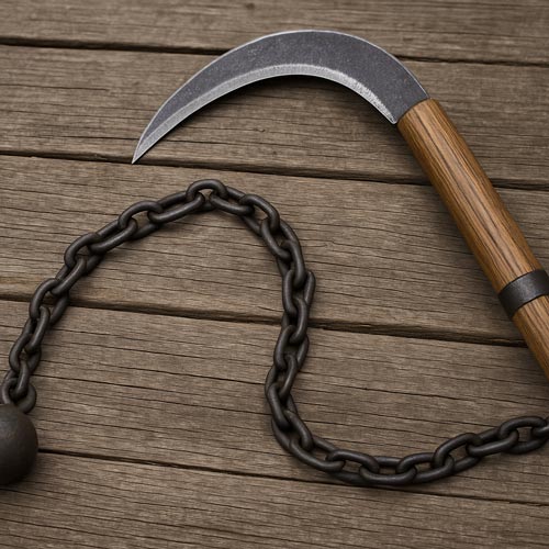 Kusarigama close up on wooden surface