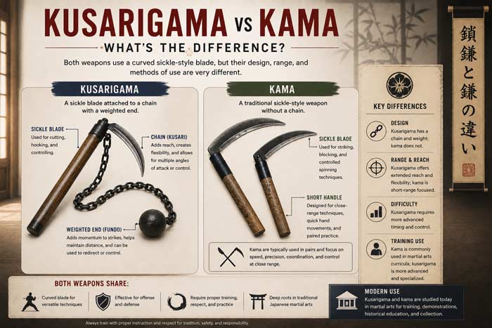Infographic comparing a traditional Japanese kusarigama and kama weapon, highlighting differences in design, range, and training use