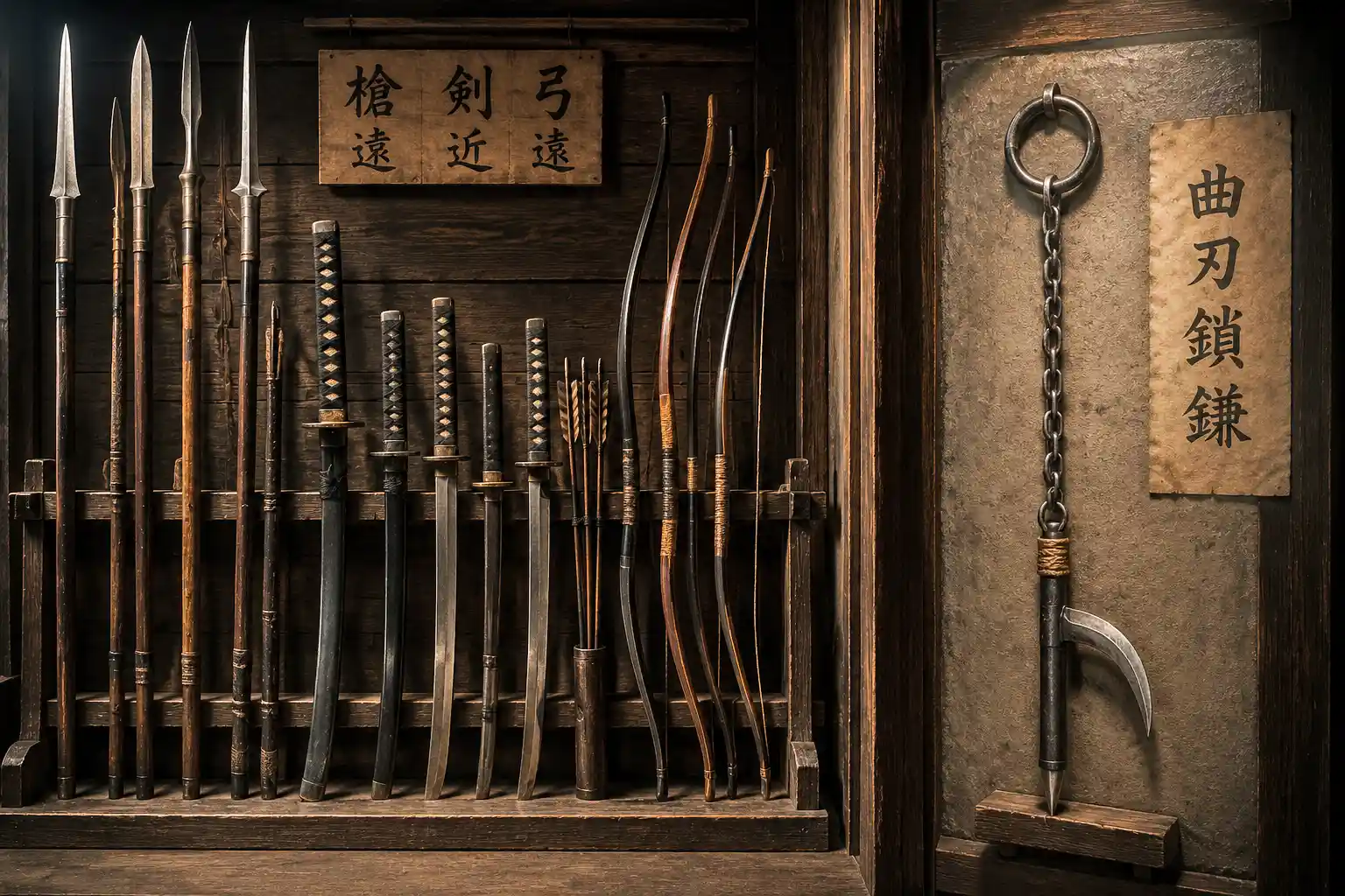 Traditional Japanese weapons displayed beside a rare kyoketsu-shoge in an armory