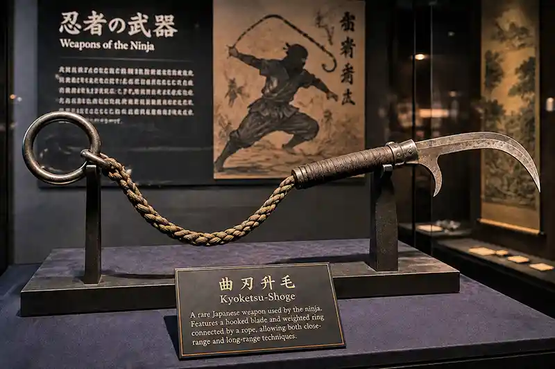Museum display featuring a historic kyoketsu-shoge with rope, ring, and hooked blade
