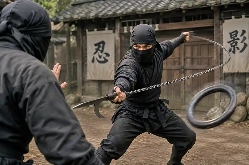 Ninja demonstrating kyoketsu-shoge techniques during a training duel