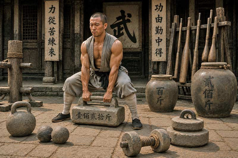 Martial artist lifting traditional stone locks and heavy training weights in a historic courtyard to build old-school strength and conditioning.
